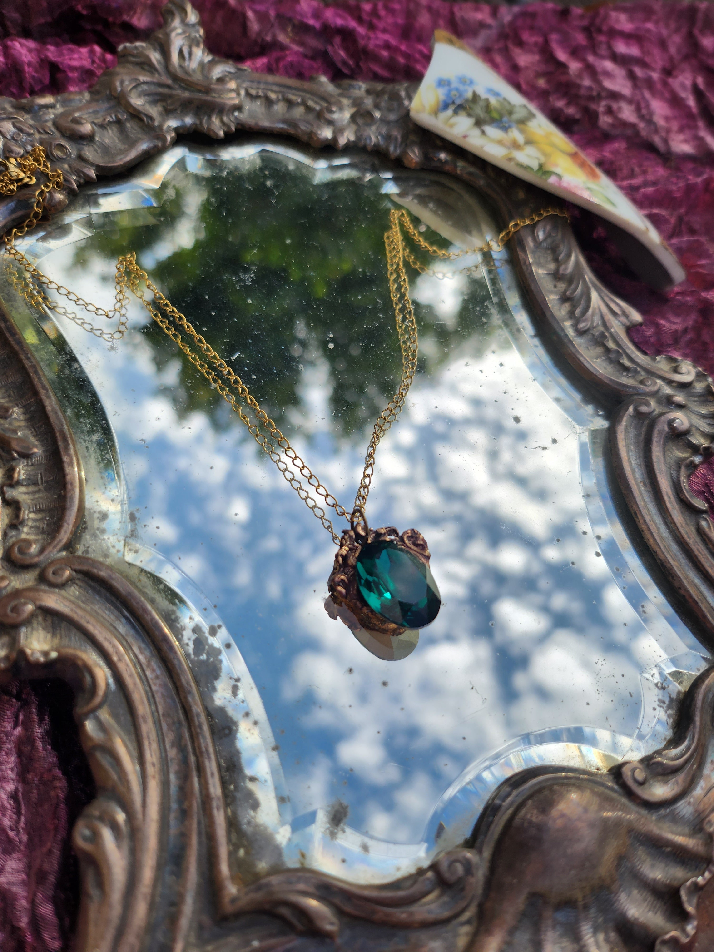 Arcane Resonance Collection – Handmade Bronze Pendant with Emerald Green Oval Crystal