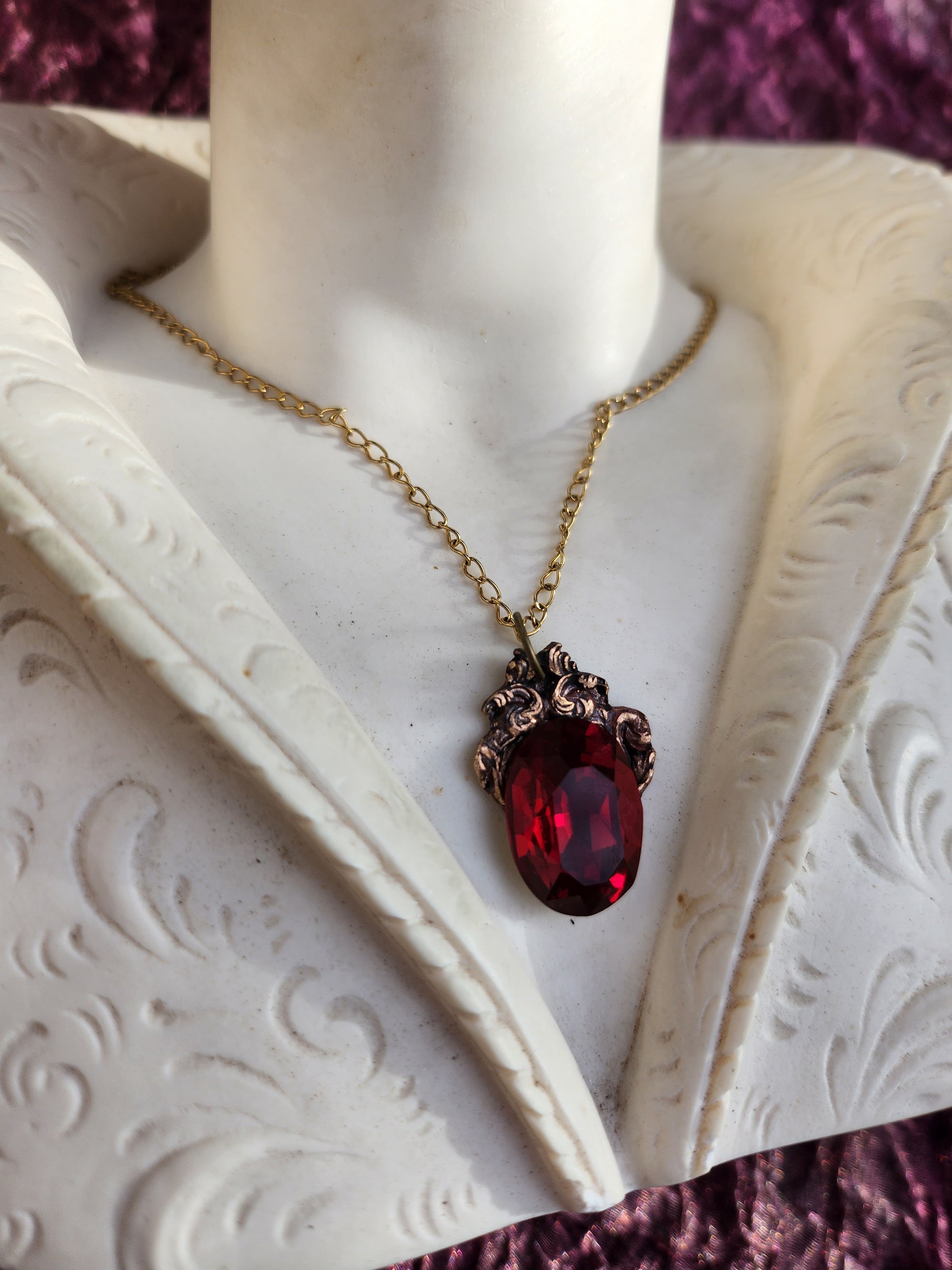 Handcrafted Bronze Pendant with Ruby Red Crystal – Vintage Gothic Jewelry