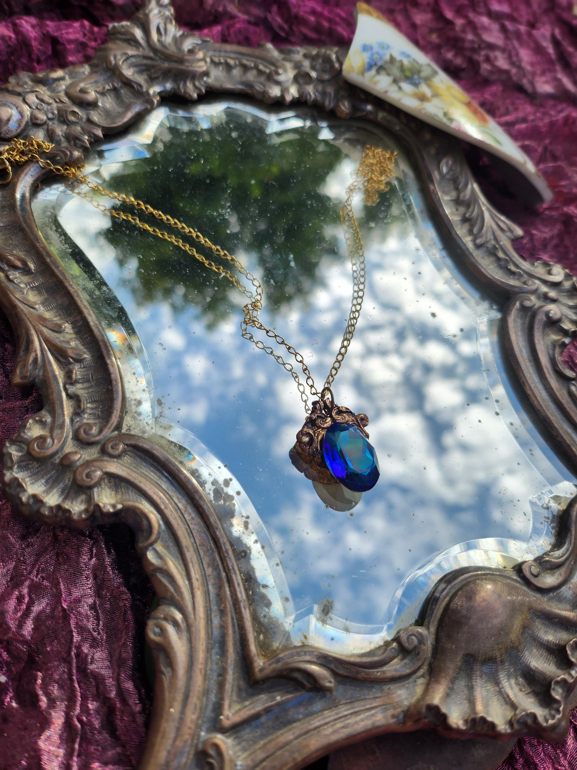 Handcrafted Bronze Pendant with Blue Crystal – Medieval Fantasy Jewelry