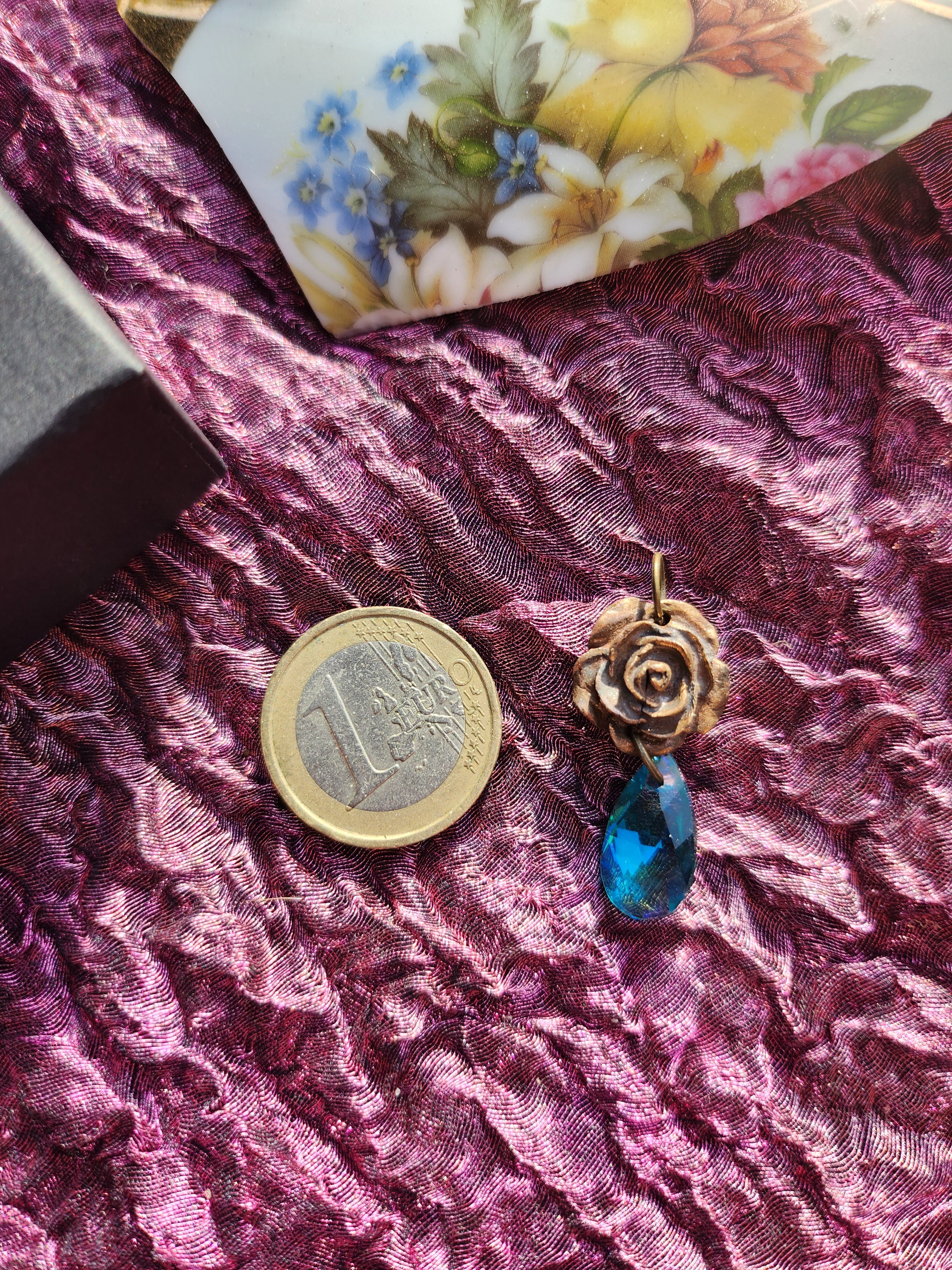 Rosarium Collection - Handmade Bronze Rose Pendant Emerald Blue Crystal