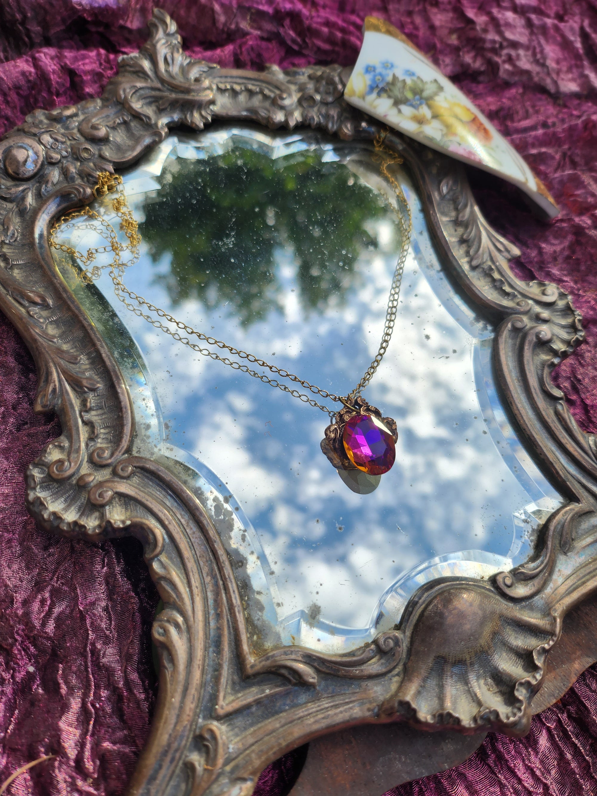 Handcrafted Bronze Pendant with Purple, Fuchsia and Amber Crystal – Medieval Vintage Jewelry