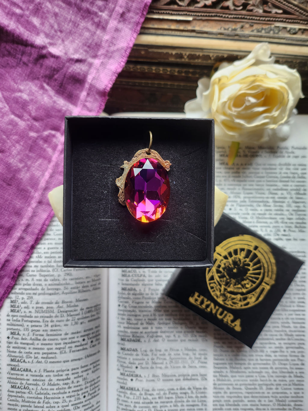 Mystic Baroque Collection – Handmade Bronze Pendant with Fuchsia Oval Crystal