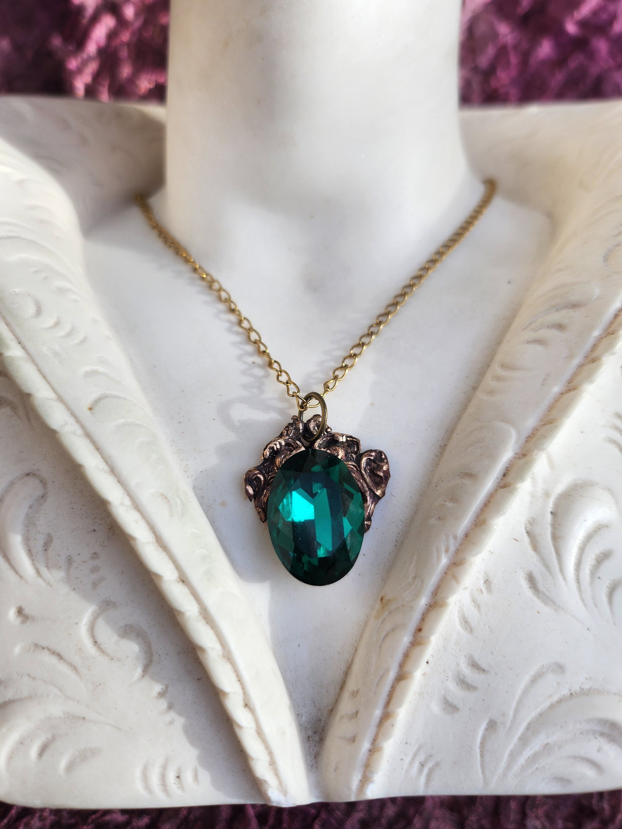 Handcrafted Bronze Pendant with Emerald Green Crystal – Renaissance Gothic Jewelry