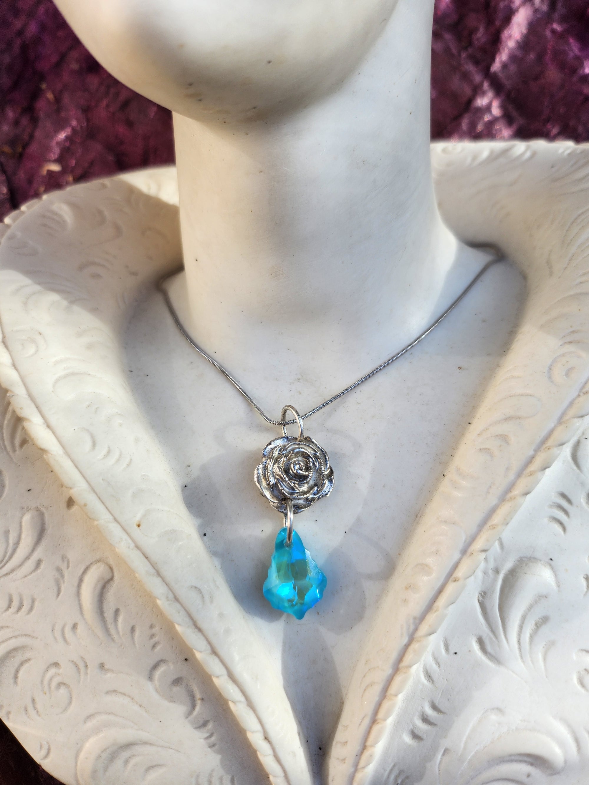 Silver Rose & Blue Crystal Pendant – Fine Silver Necklace – Fairycore Romantic Jewelry – Enchanted Floral Gift for Her