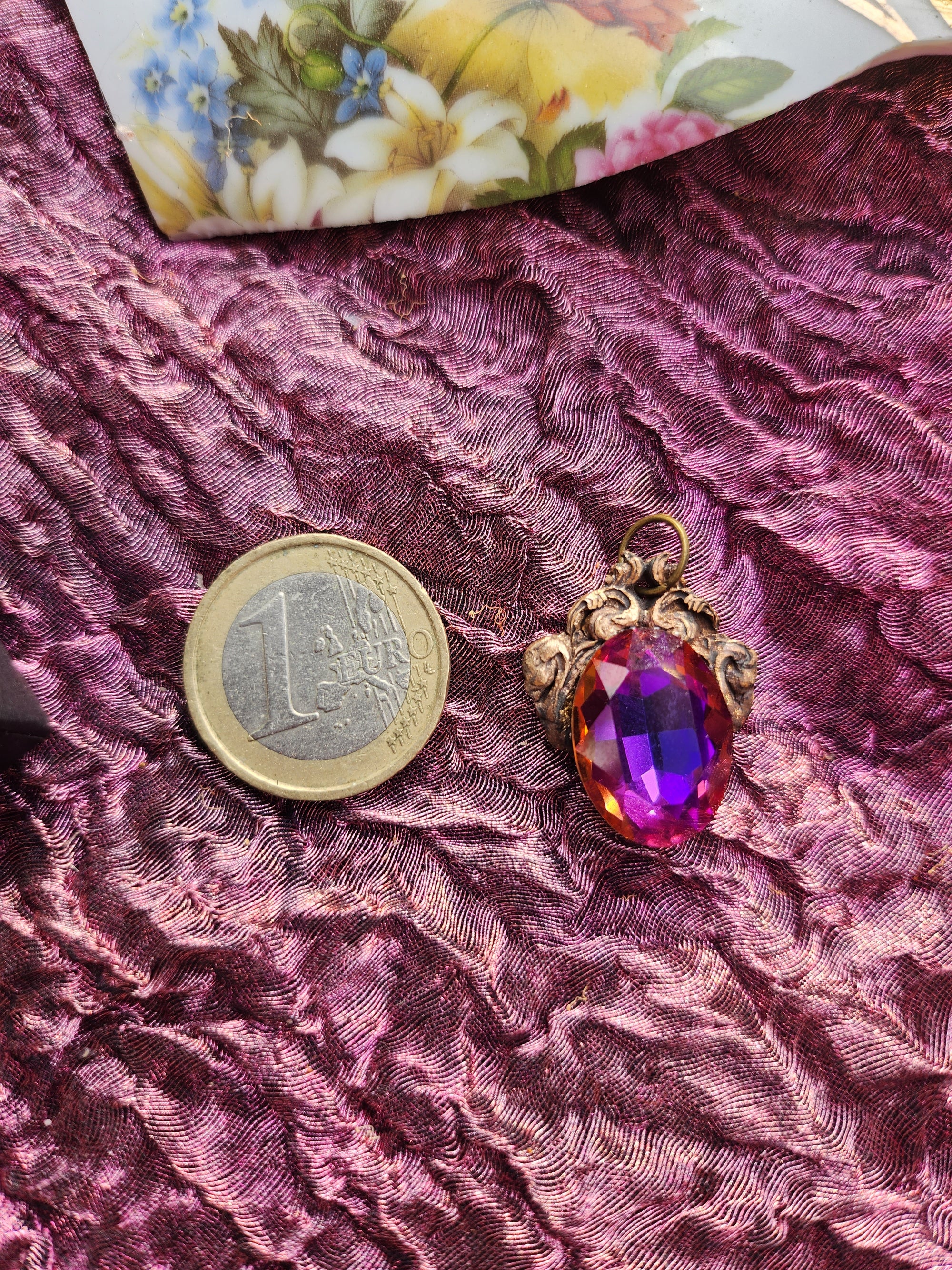 Handcrafted Bronze Pendant with Purple, Fuchsia and Amber Crystal – Medieval Vintage Jewelry