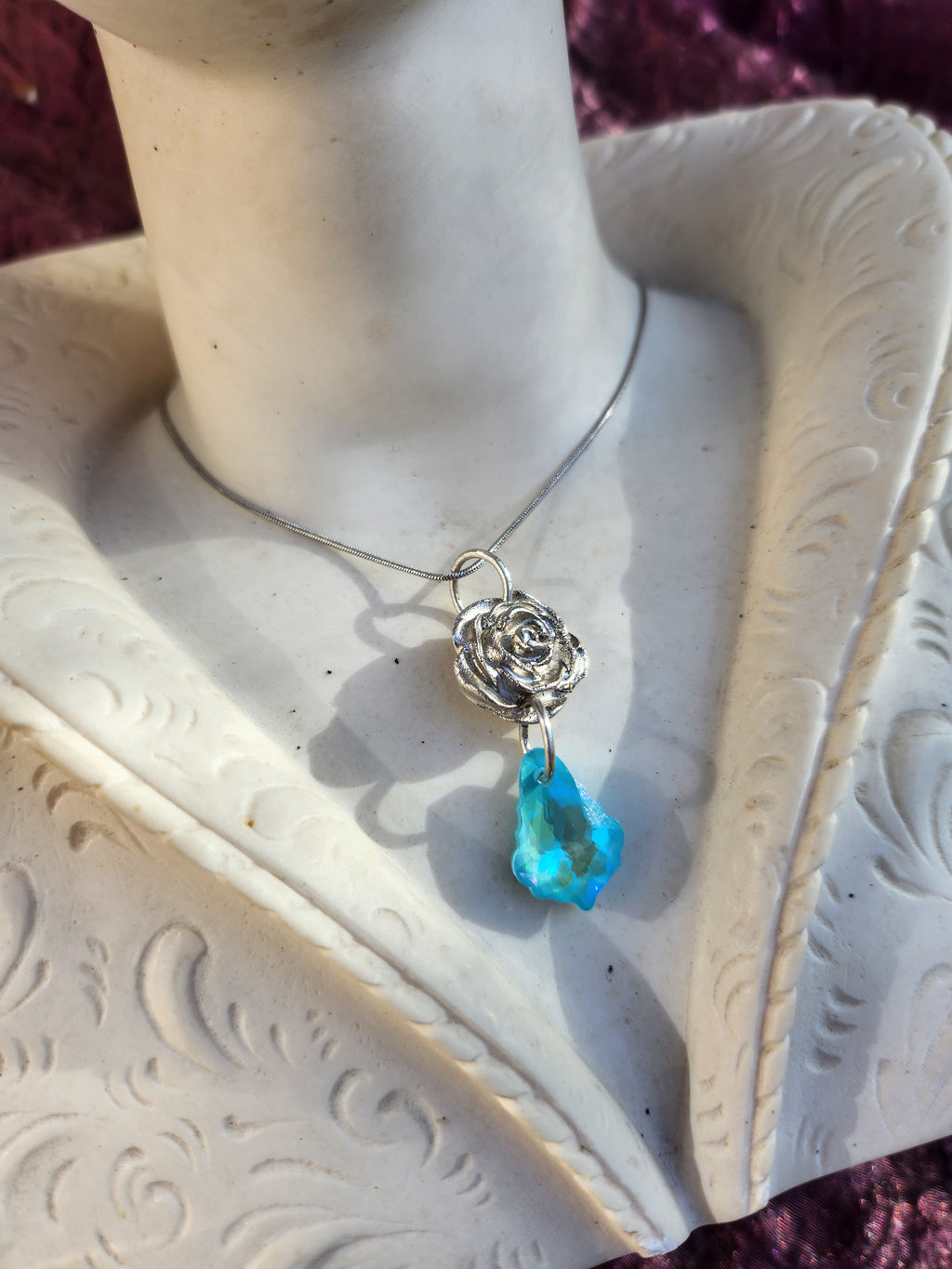 Silver Rose & Blue Crystal Pendant – Fine Silver Necklace – Fairycore Romantic Jewelry – Enchanted Floral Gift for Her