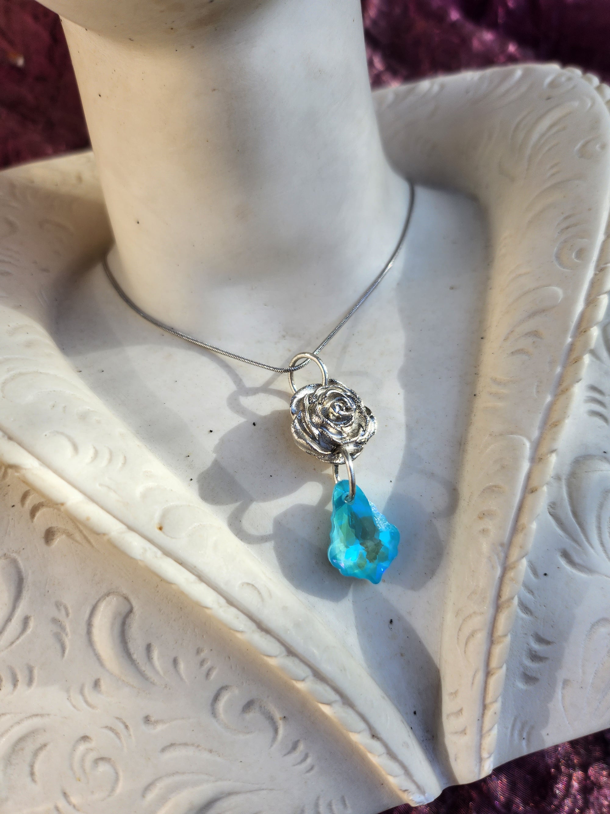 Silver Rose & Blue Crystal Pendant – Fine Silver Necklace – Fairycore Romantic Jewelry – Enchanted Floral Gift for Her