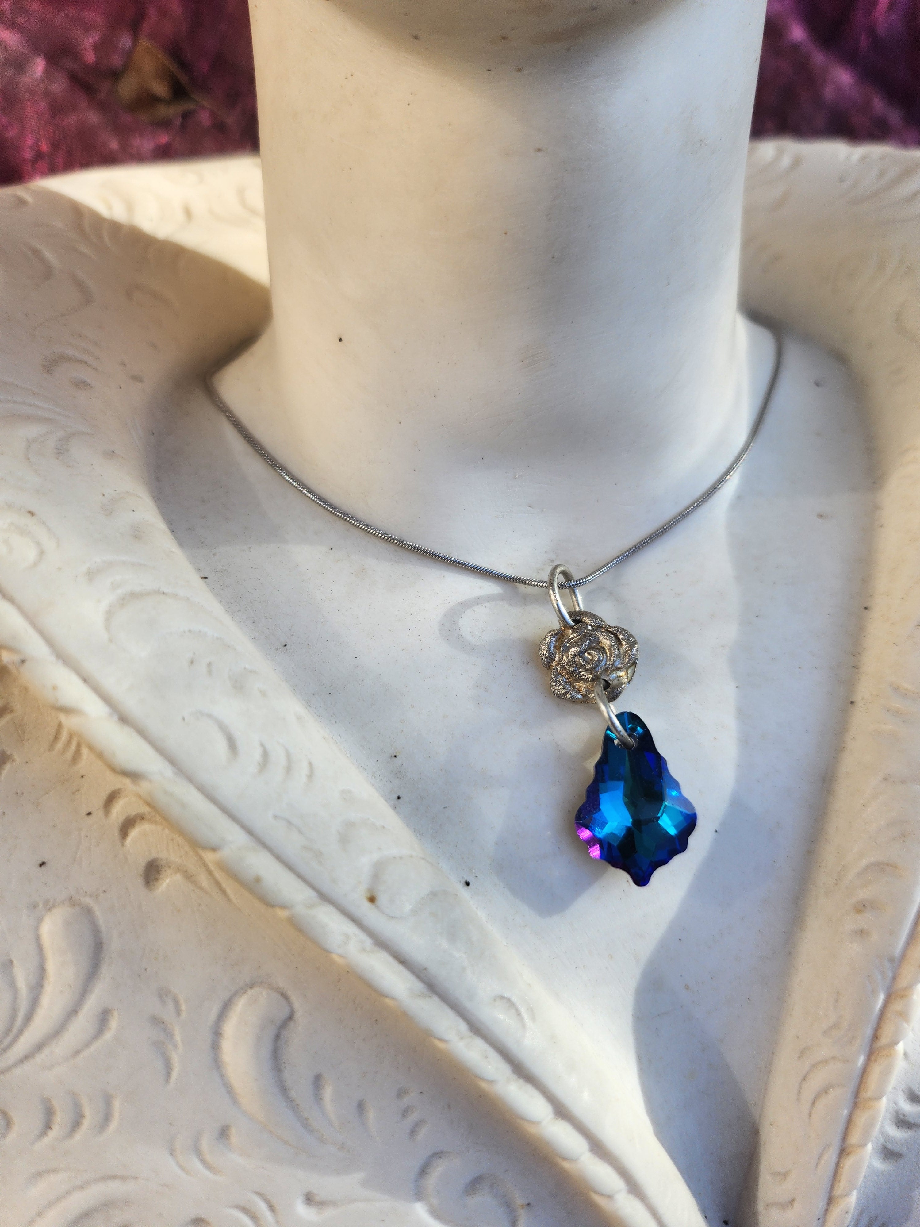 Rosarium Collection Collection - Handmade 999 Silver Rose Pendant with Deep Saphire Blue Crystal