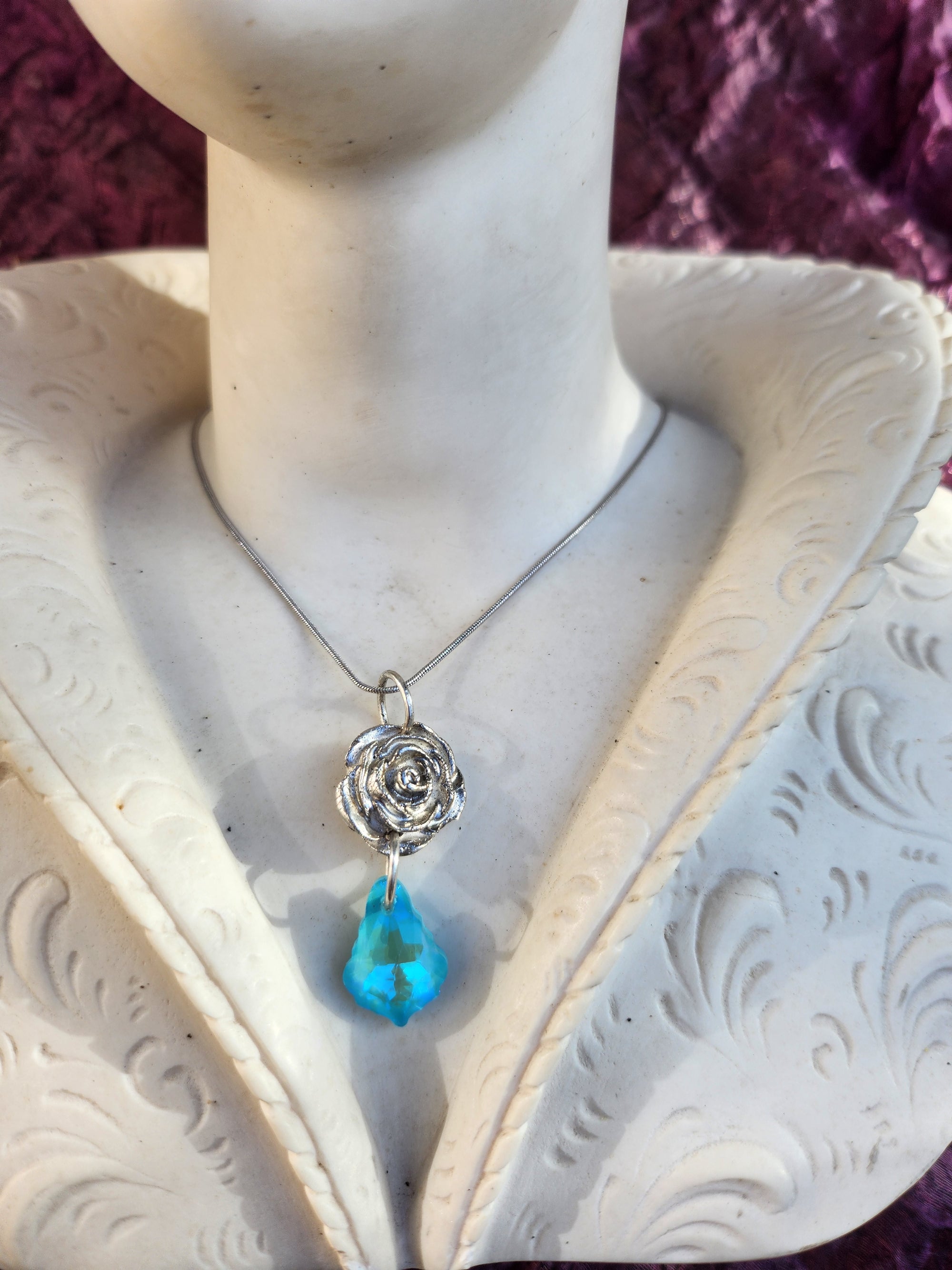 Silver Rose & Blue Crystal Pendant – Fine Silver Necklace – Fairycore Romantic Jewelry – Enchanted Floral Gift for Her
