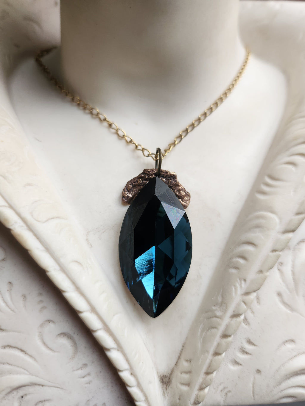 Mystic Baroque Collection - Handmade Bronze Pendant with Deep Teel Crystal Navette