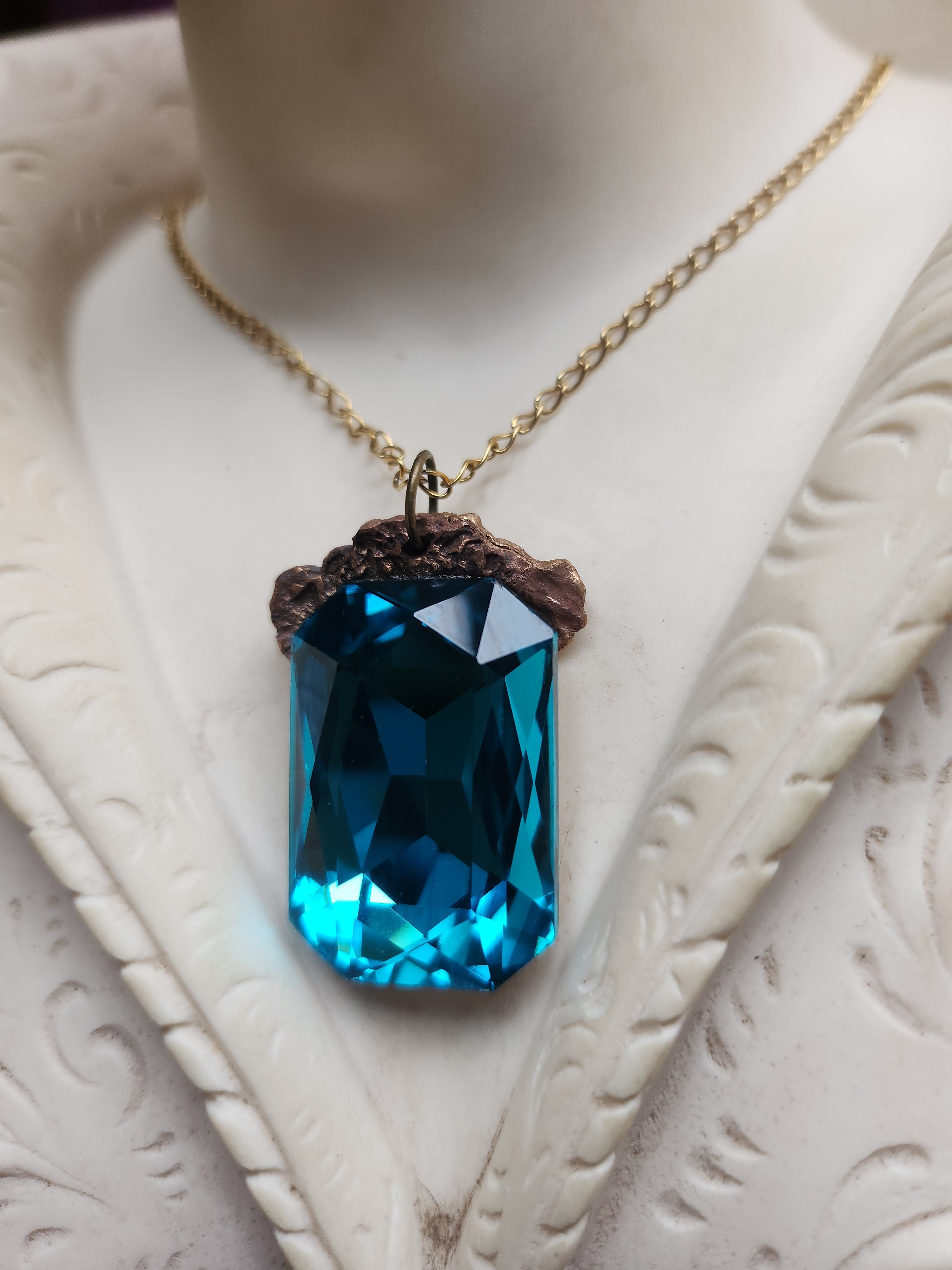 Mystic Baroque Collection - Handmade Bronze Pendant with Electric Blue Octagon Crystal