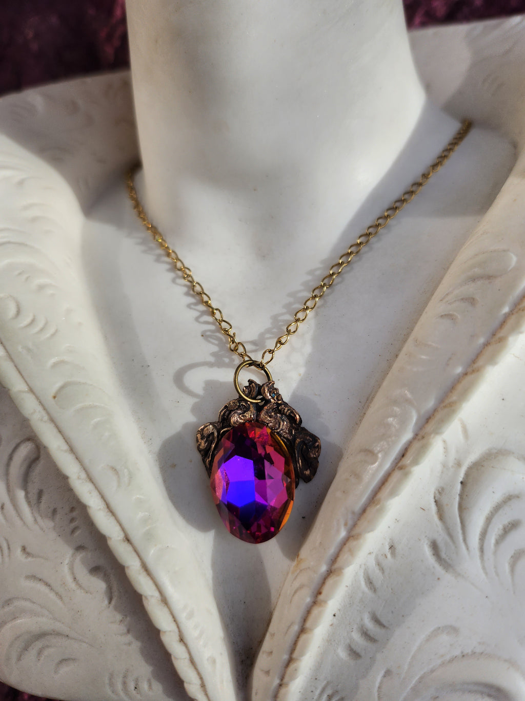 Handcrafted Bronze Pendant with Purple, Fuchsia and Amber Crystal – Medieval Vintage Jewelry