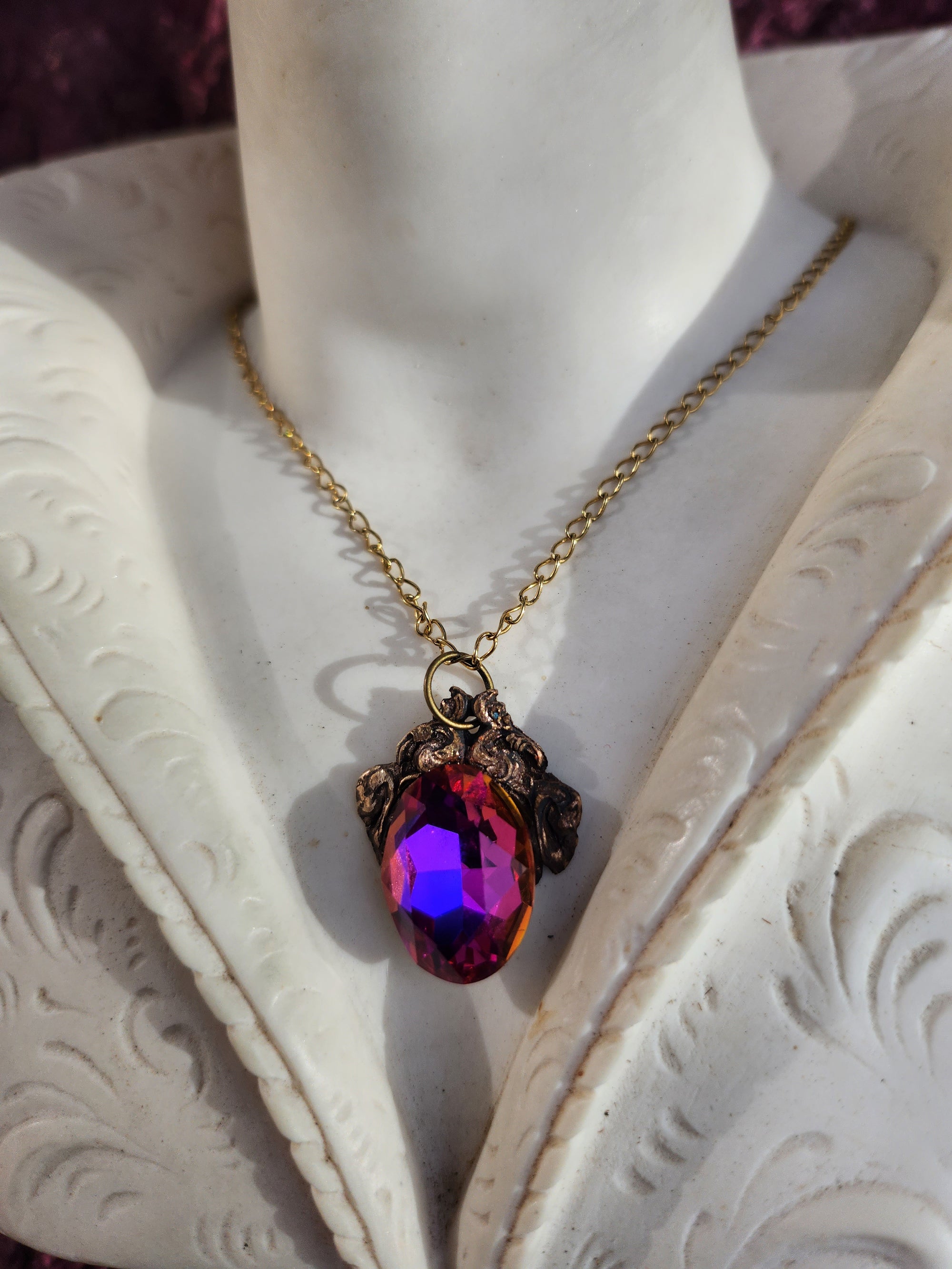 Handcrafted Bronze Pendant with Purple, Fuchsia and Amber Crystal – Medieval Vintage Jewelry