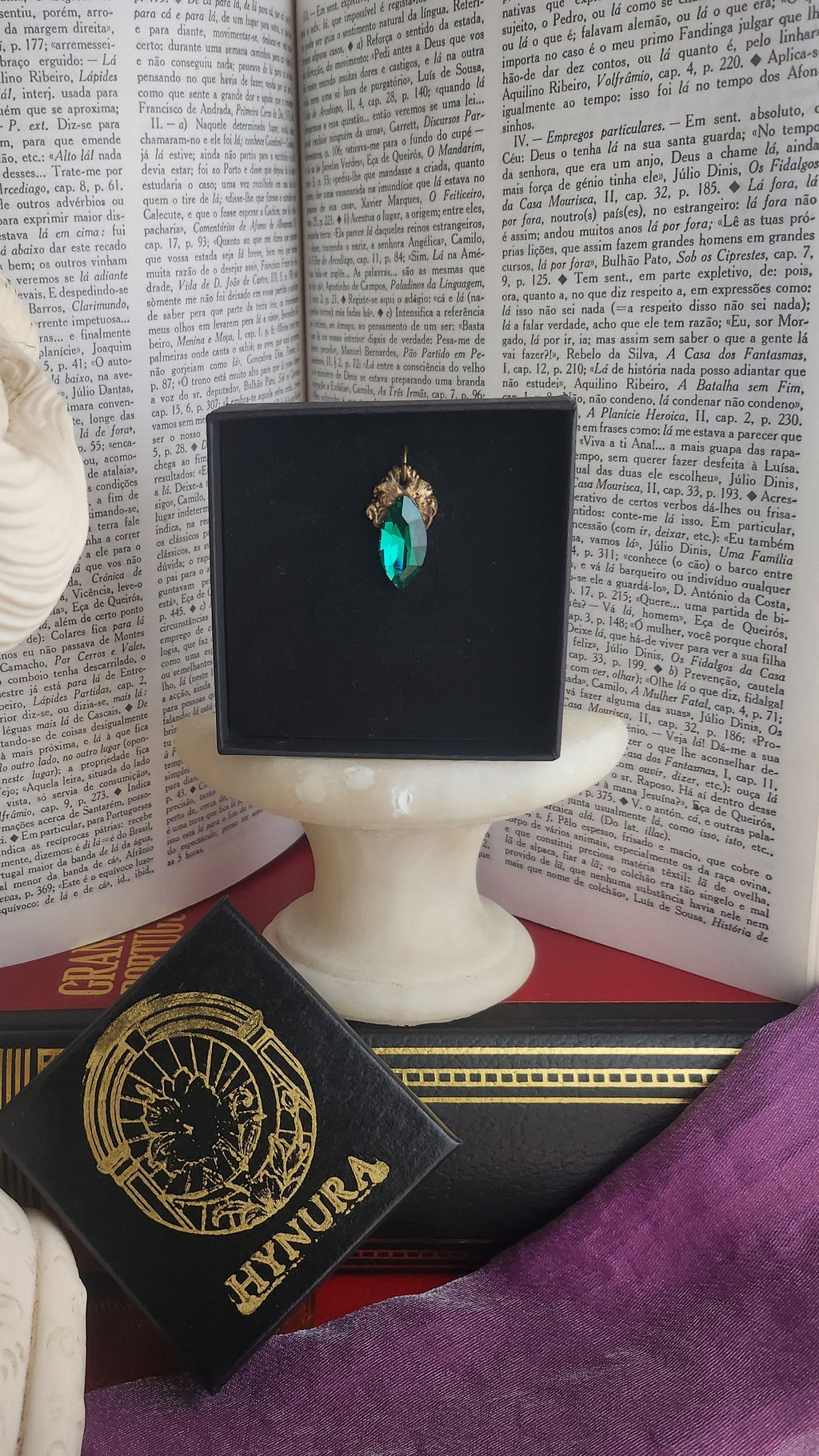 Arcane Resonance Collection – Handmade Bronze Pendant with Emerald Green Navette Crystal