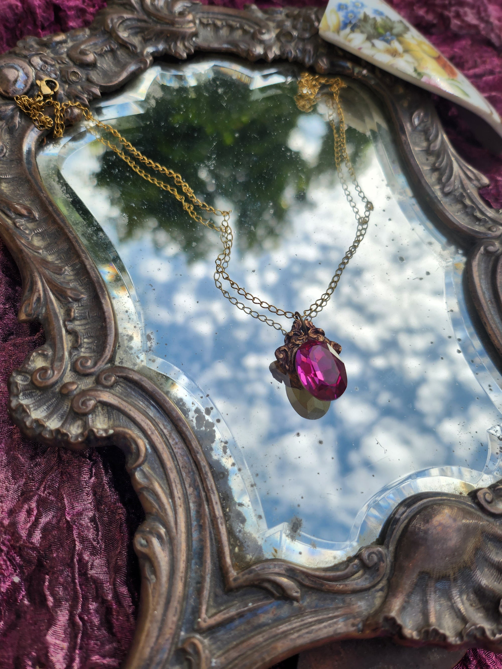Handcrafted Bronze Pendant with Fuchsia Crystal – Unique Gothic Statement Jewelry