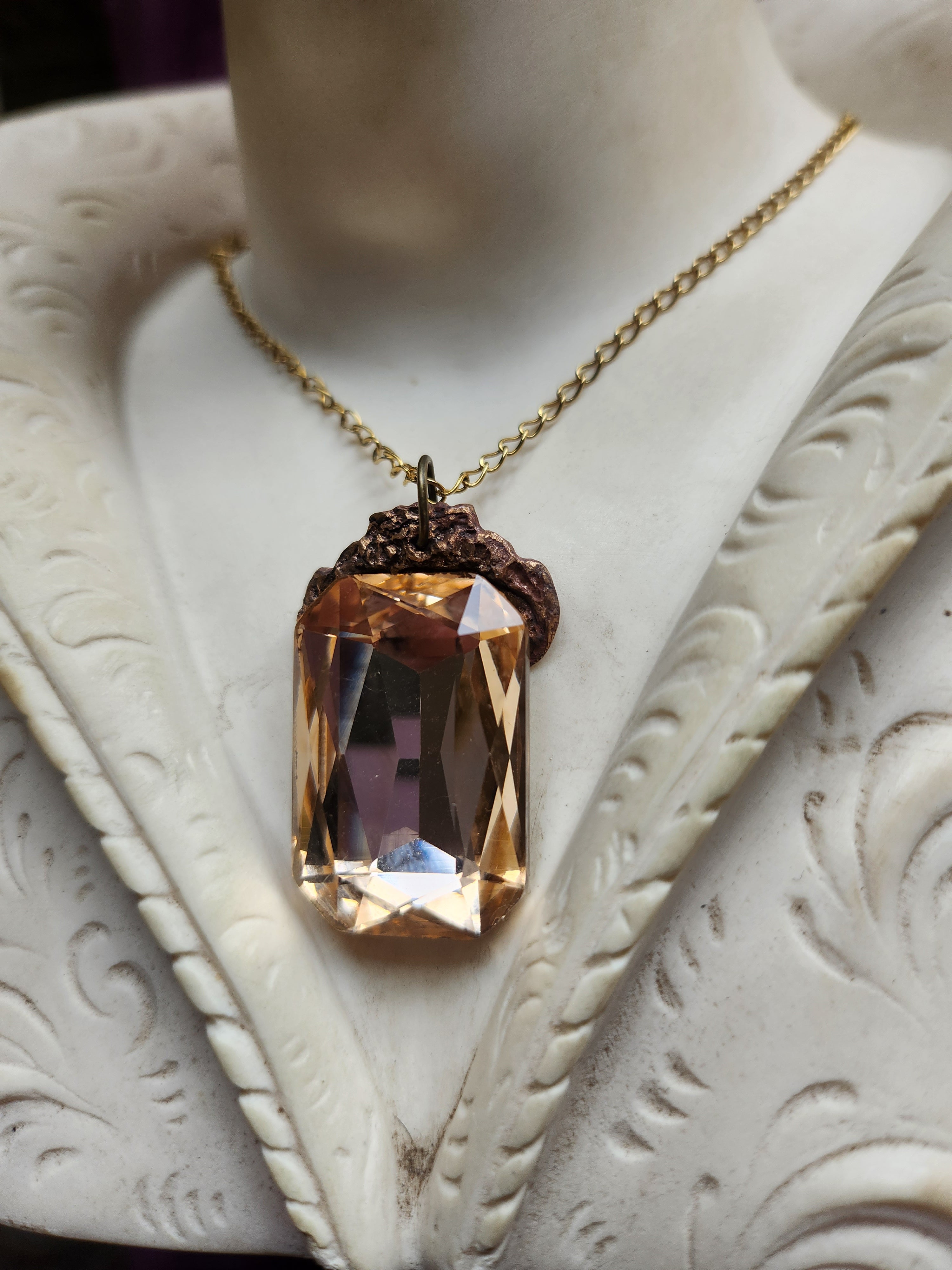 Mystic Baroque Collection - Handmade Bronze Pendant with Champagne Octagon Crystal