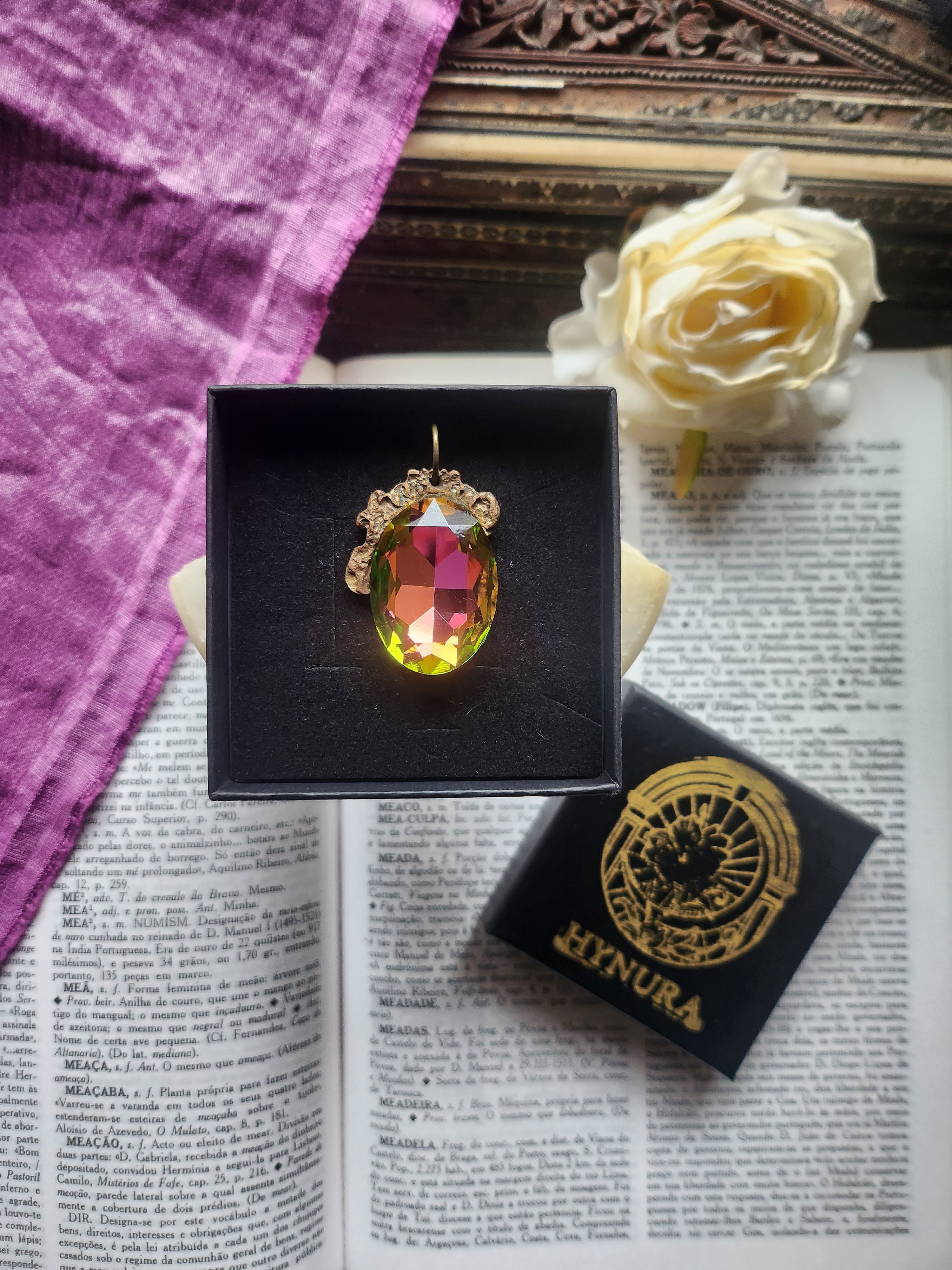 Mystic Baroque Collection – Handmade Bronze Pendant with Pink and Green Oval Crystal