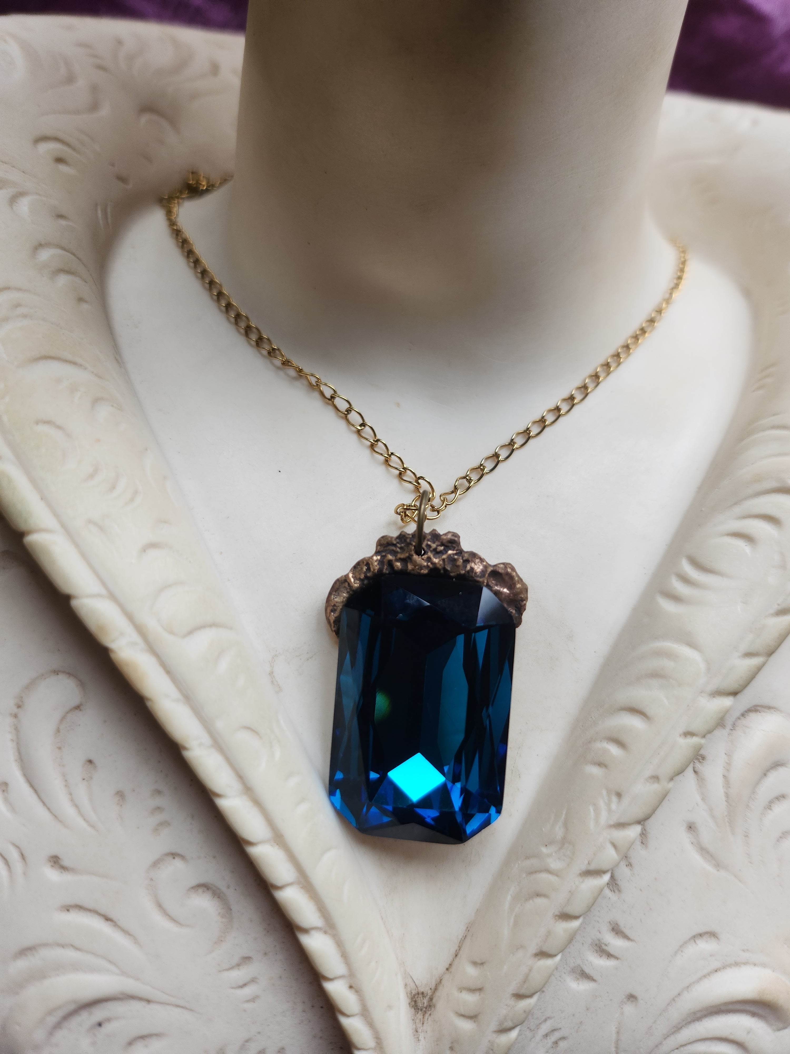 Mystic Baroque Collection - Handmade Bronze Pendant with Deep Blue Octagon Crystal