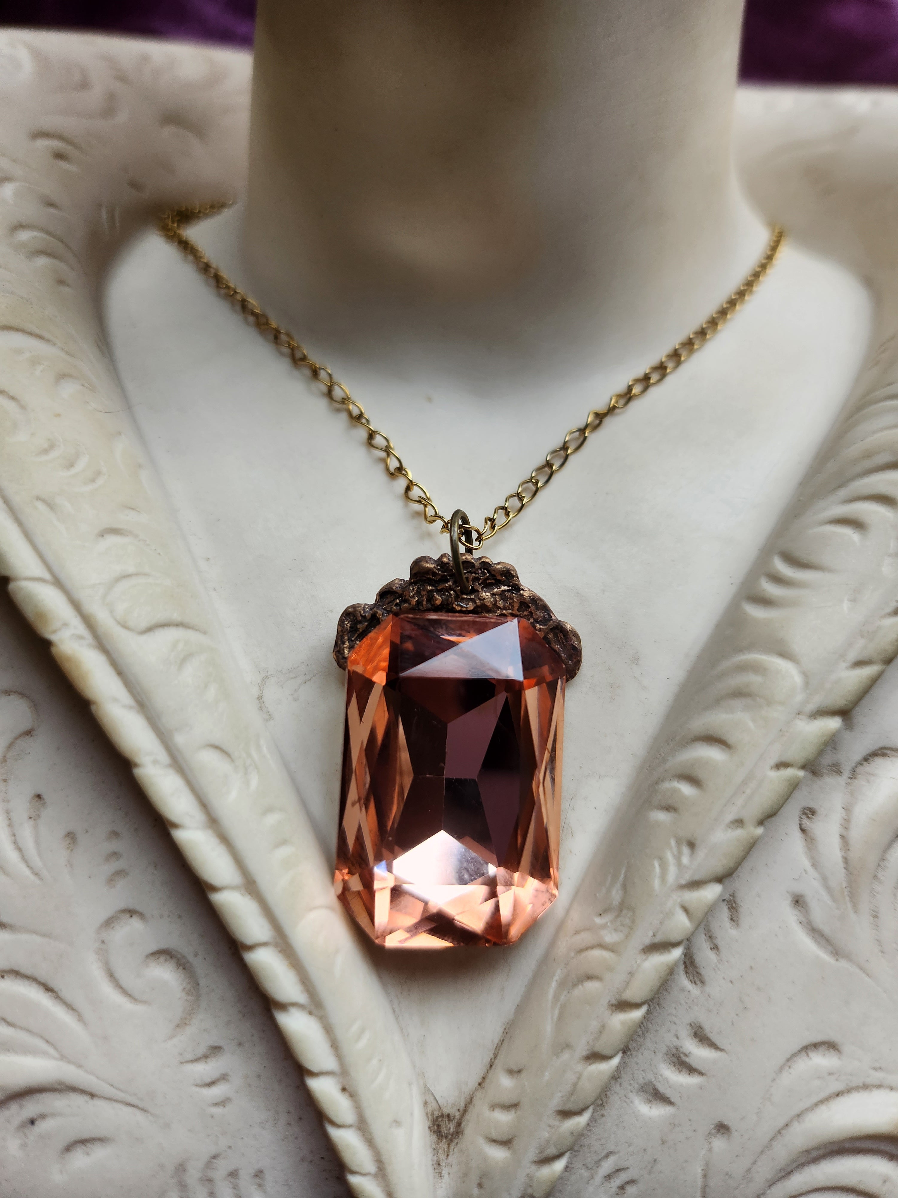 Mystic Baroque Collection - Handmade Bronze Pendant with Salmon Octagon Crystal