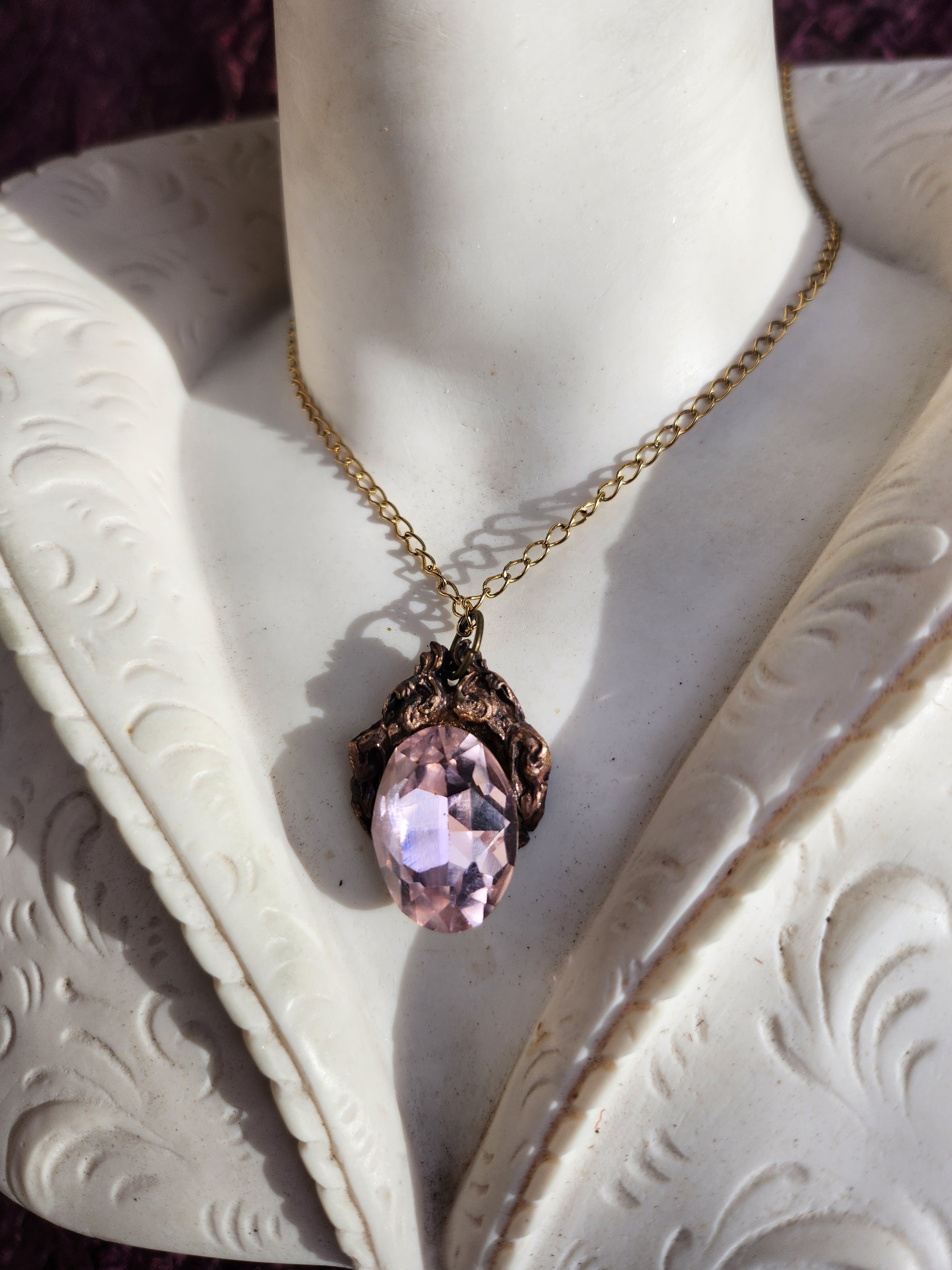 Handcrafted Bronze Pendant with Light Pink Crystal – Romantic Vintage Jewelry