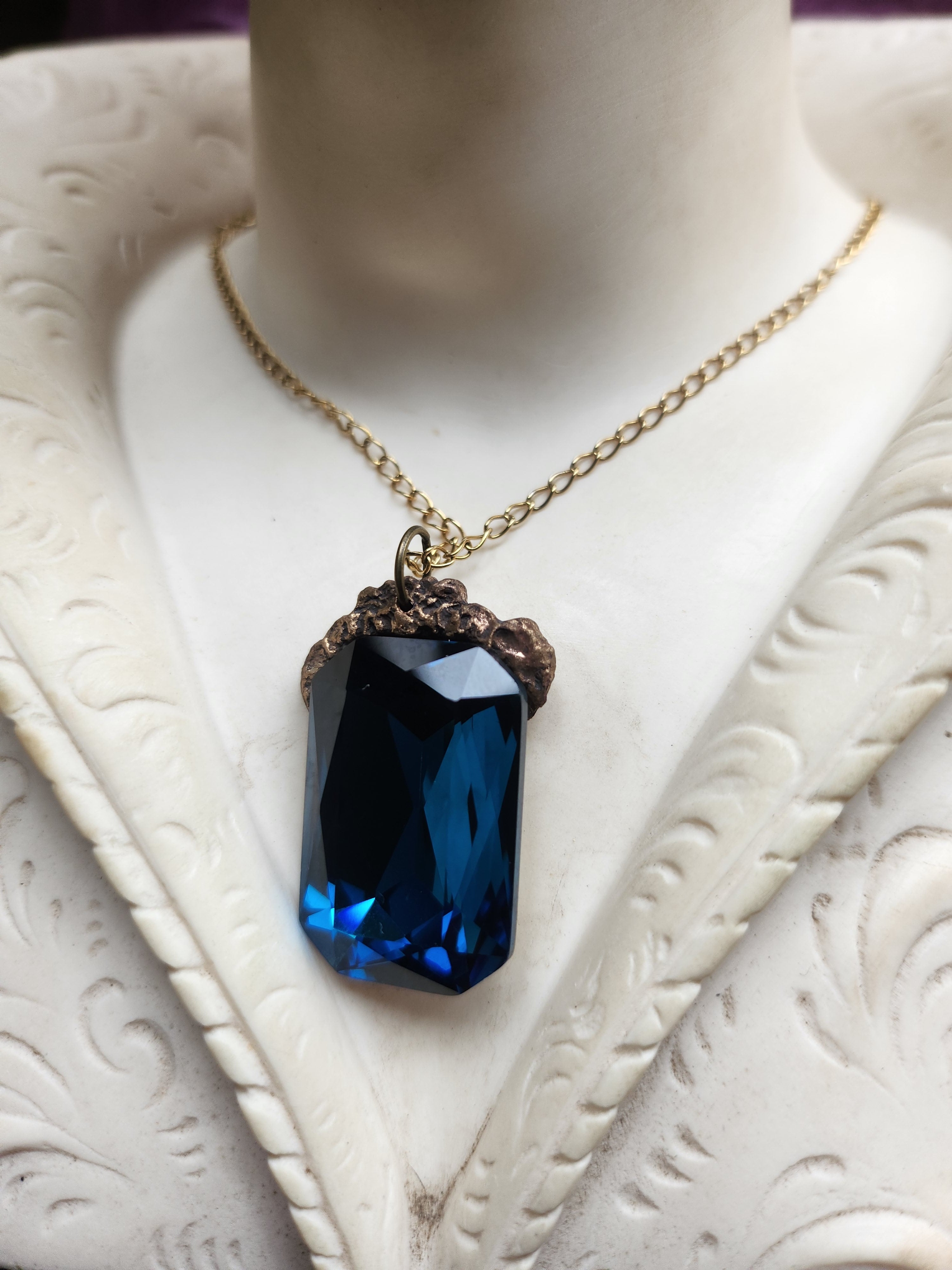 Mystic Baroque Collection - Handmade Bronze Pendant with Deep Blue Octagon Crystal