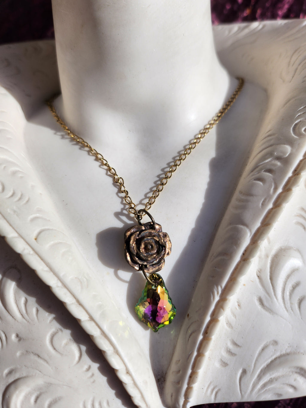 Handmade Bronze Rose Pendant with Green-Pink Crystal – Vintage Boho Jewelry for Women
