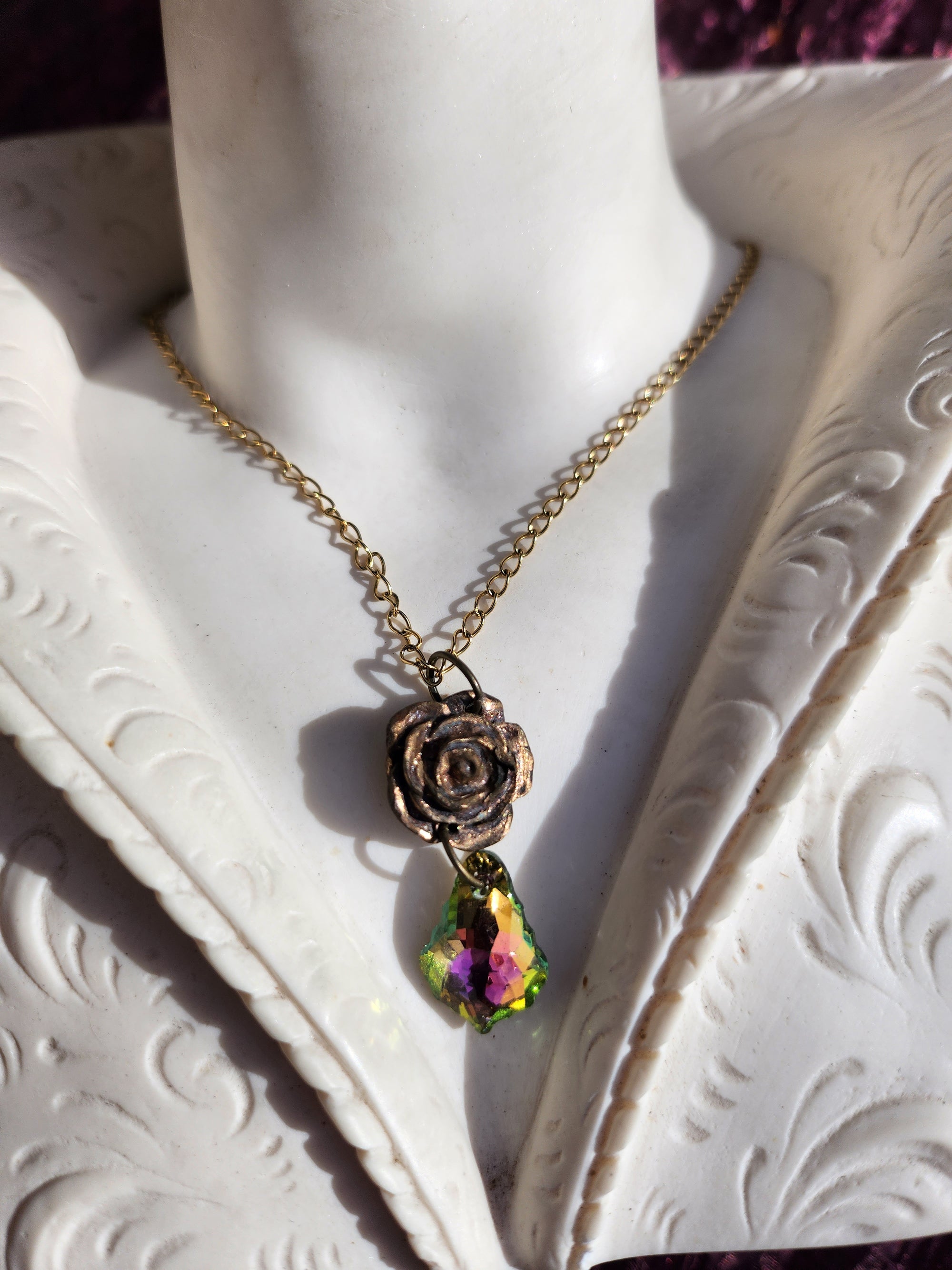 Handmade Bronze Rose Pendant with Green-Pink Crystal – Vintage Boho Jewelry for Women