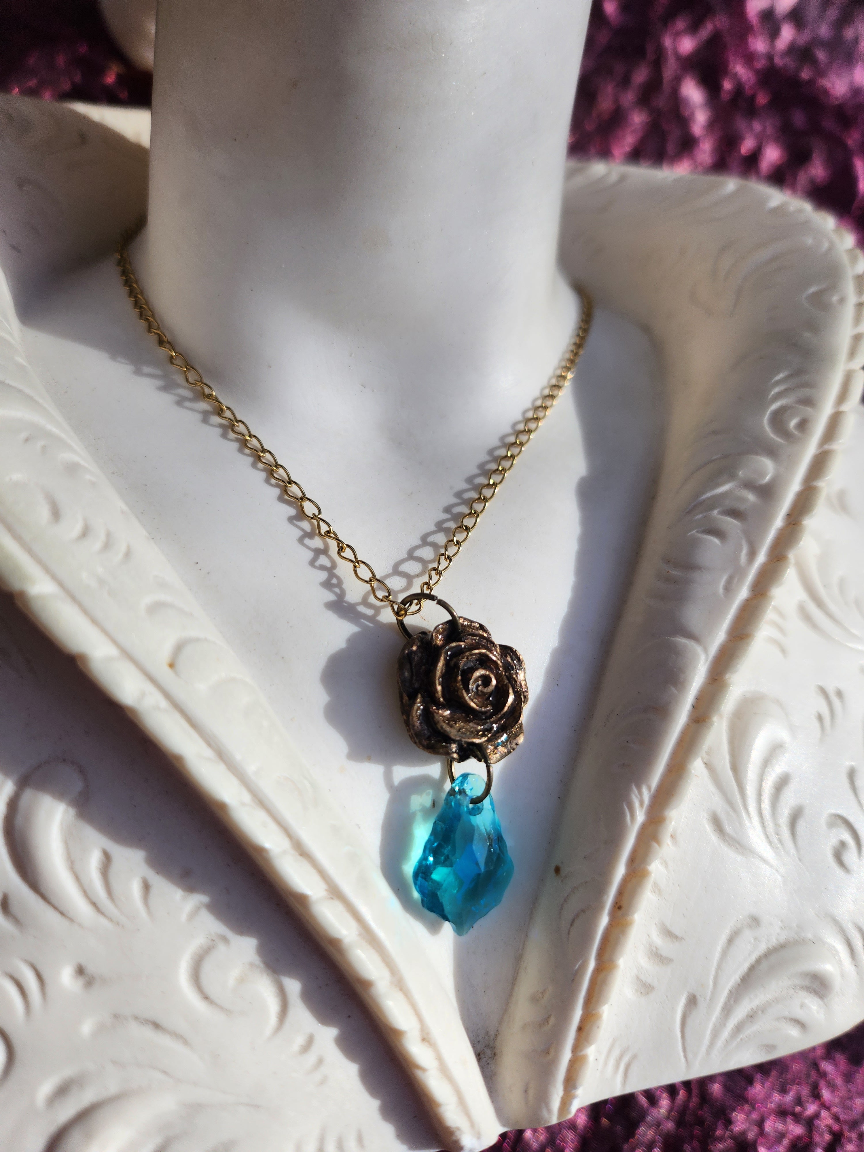 Rosarium Collection Collection - Handmade Bronze Rose Pendant with Light Blue Crystal