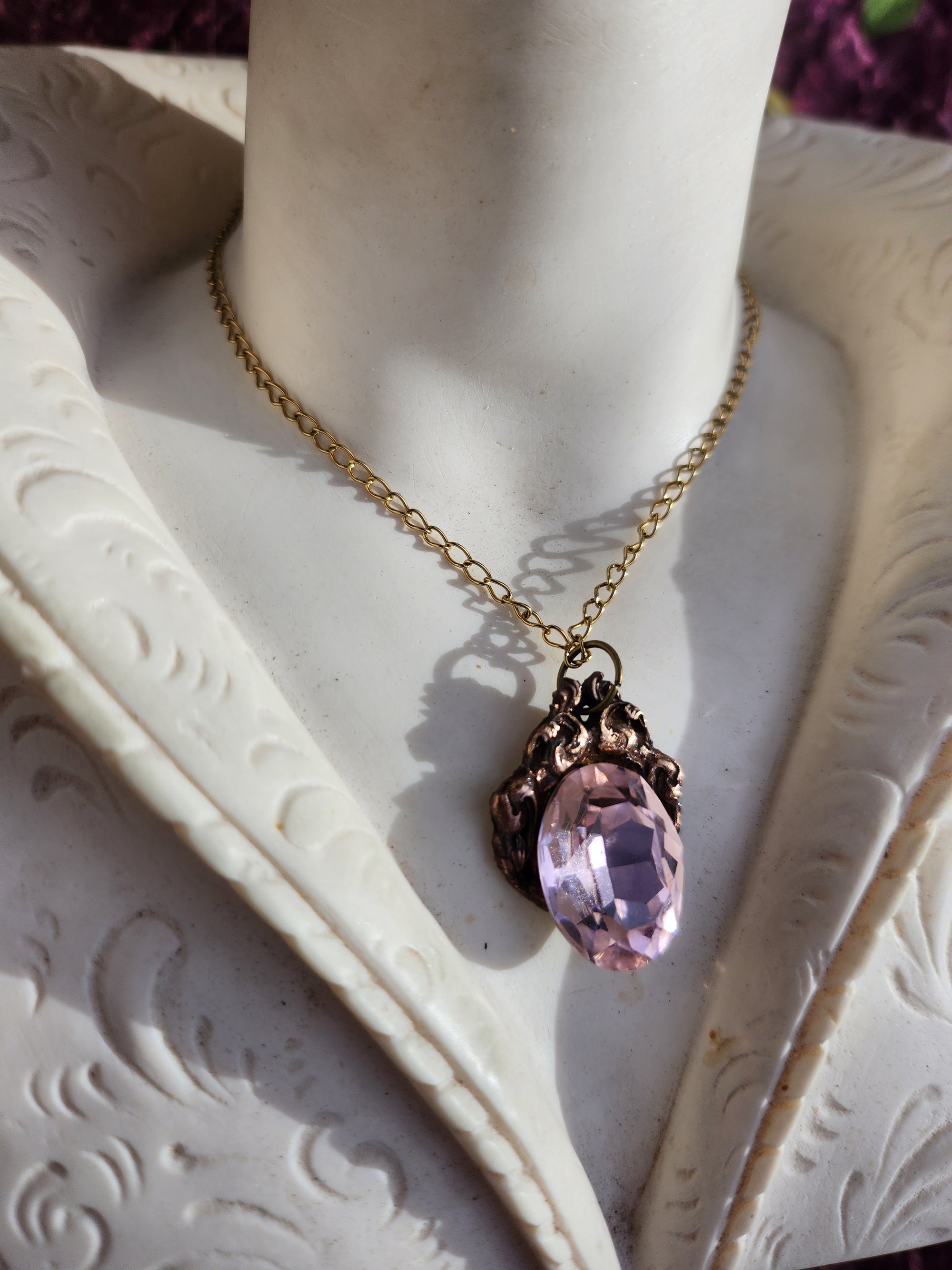 Handcrafted Bronze Pendant with Light Pink Crystal – Romantic Vintage Jewelry